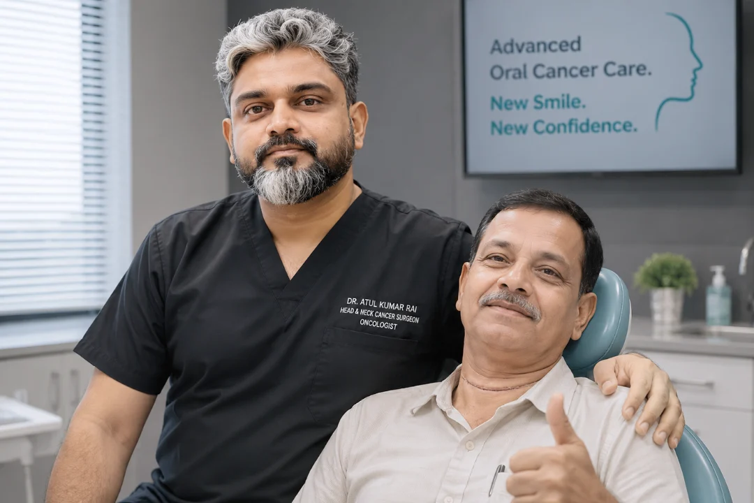 Dr Atul Kumar Rai with happy patient after successful oral cancer surgery - Best Head and Neck Cancer Surgeon in Varanasi
